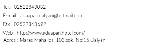 Dalyan Ada Apart Hotel telefon numaralar, faks, e-mail, posta adresi ve iletiim bilgileri